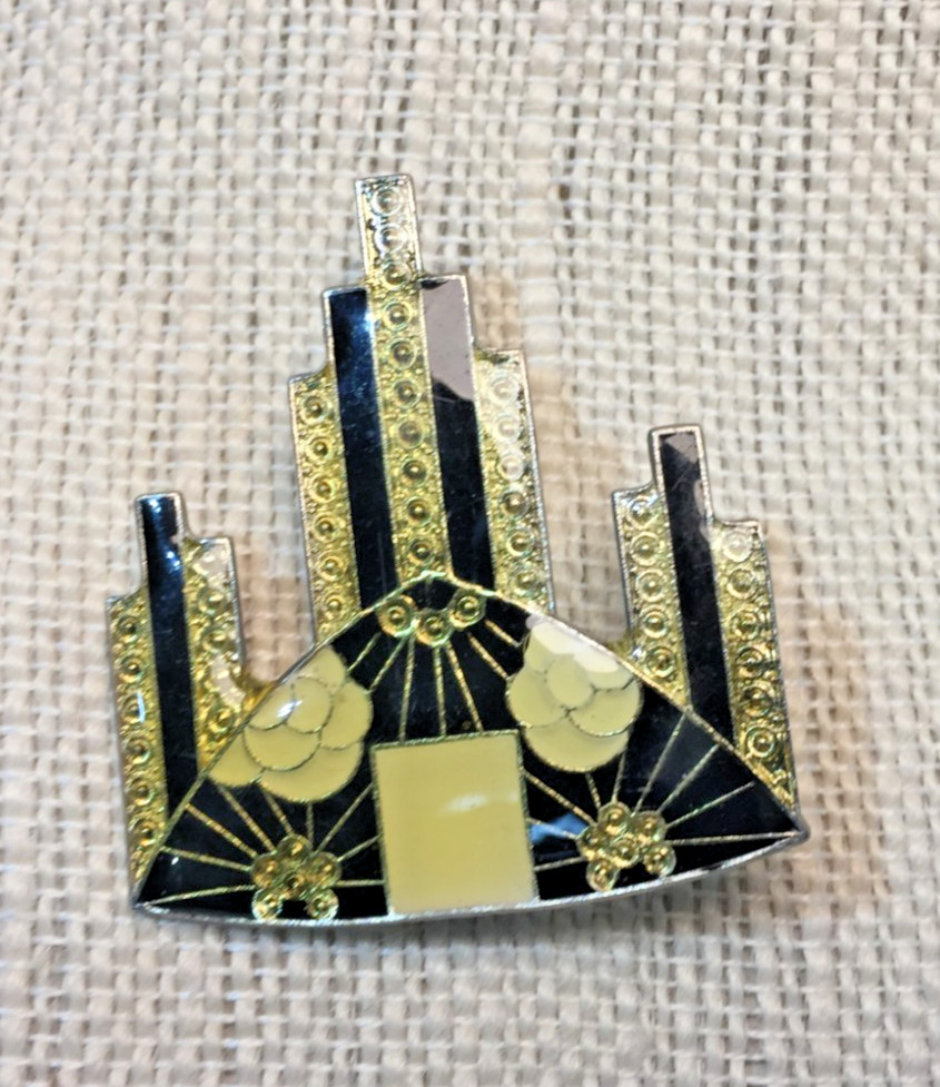 VTG Enamel Art Deco Black Skyscraper Brooch w/ Barrel Clasp -Pierre Bex Style!