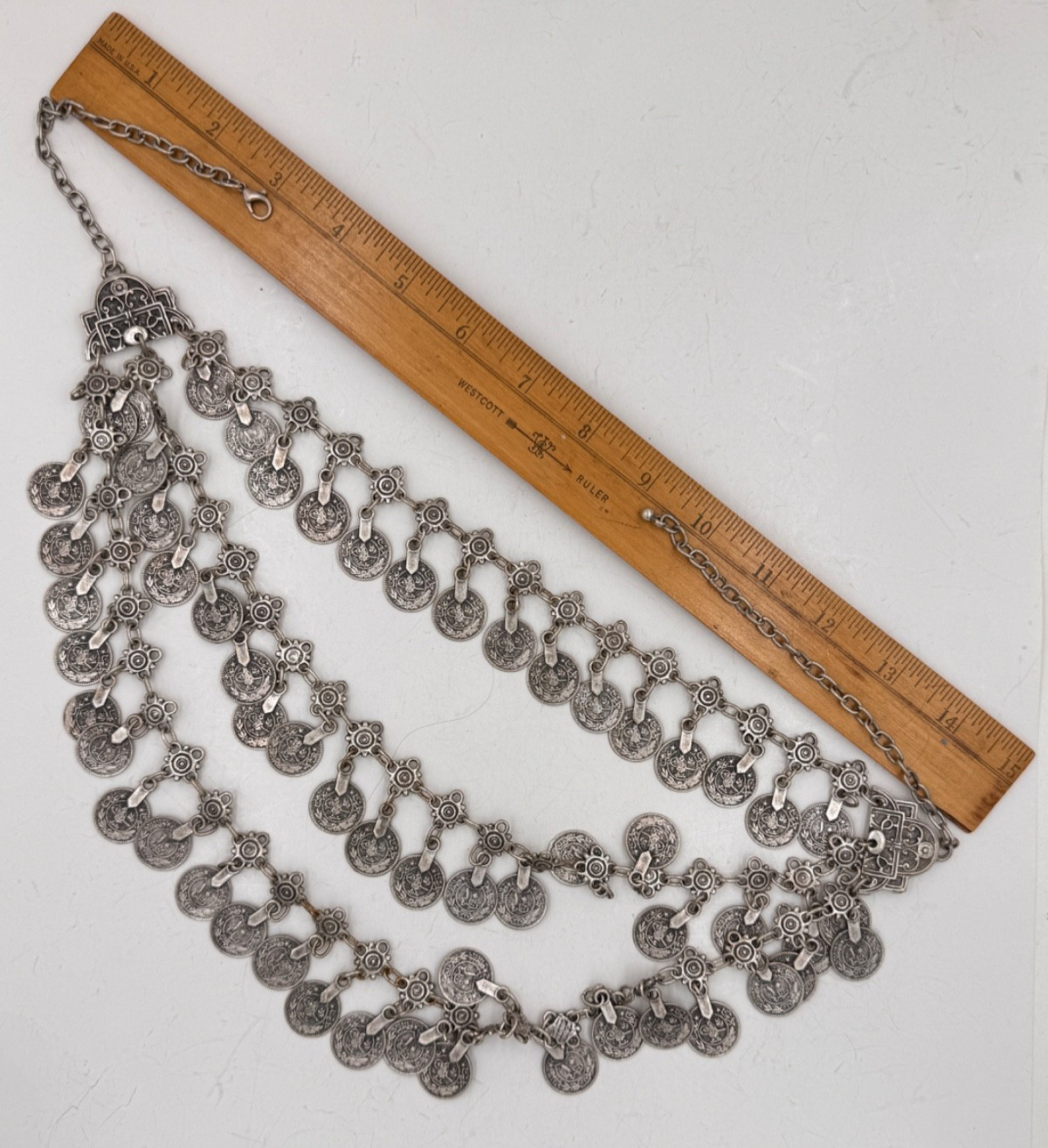 ANTIQUE COIN NECKLACE 3 LAYERS OF COINS SILVER ALLOY ETHNIC BIB SIGNIFICANT UNIQ