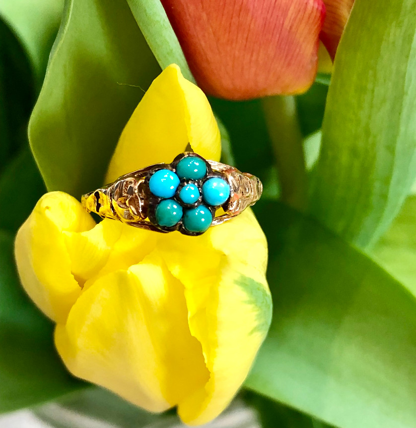 LOVELY SMALLER ANTIQUE GEORGIAN ENGLISH 18K GOLD PEARL TURQUOISE RUBY RING c1820