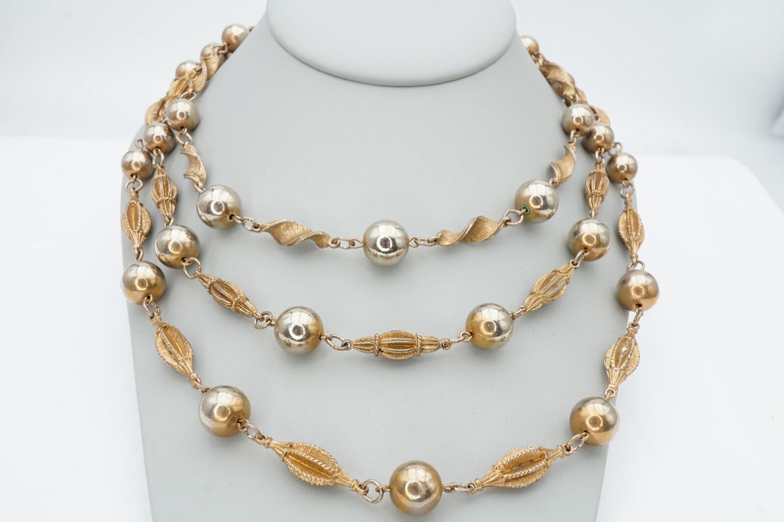 Vintage Necklace Gold Tone Ball Bead Textured Multi Strand 18″