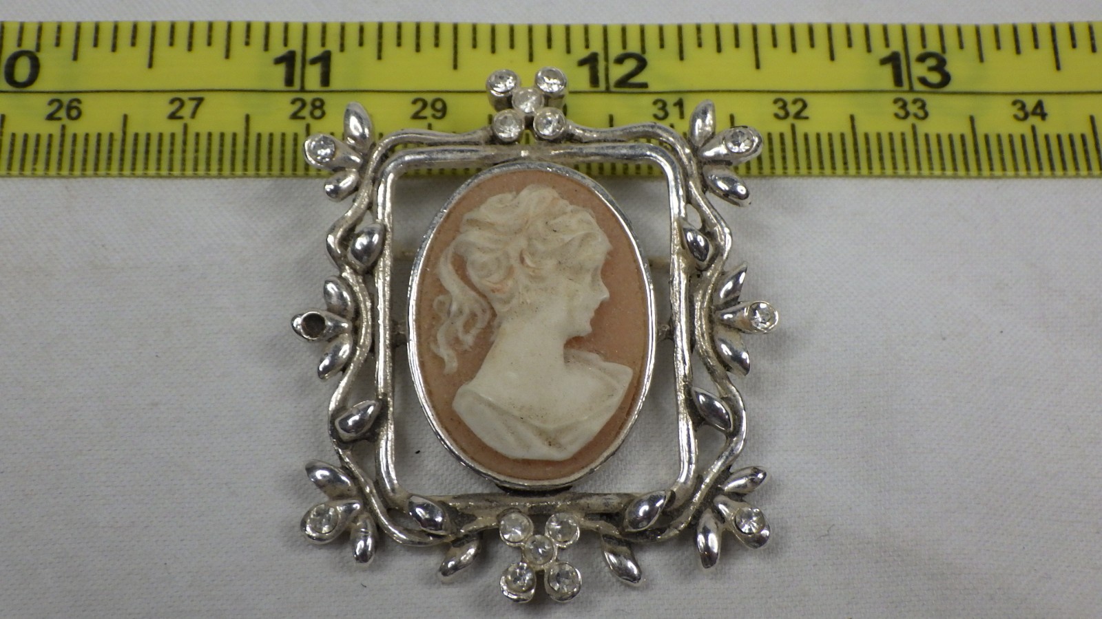 Vintage Carved Cameo Brooch Floral Frame Silver Tone AAI