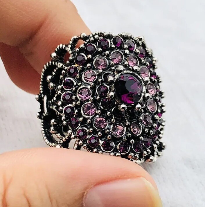 Estate Jewelry Statement Ring Purple Silver Rhinestone Lead & Nickel Free Size 6
