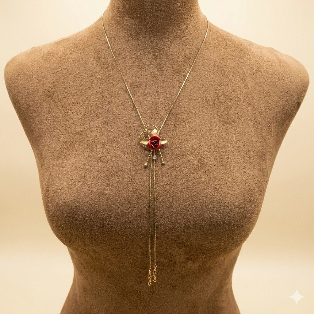 Vintage Red Enamel Rose Gold Tone Bolo Necklace Adjustable 28″ Cottagecore