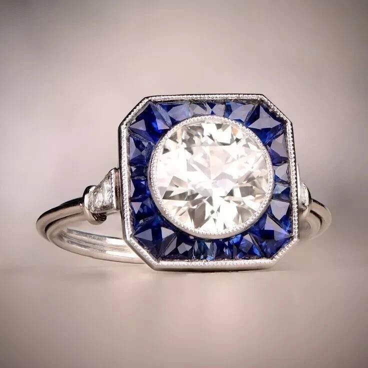 Art Deco Style Lab Created Diamond &Sapphire Anniversary 14K White Gold FN Ring