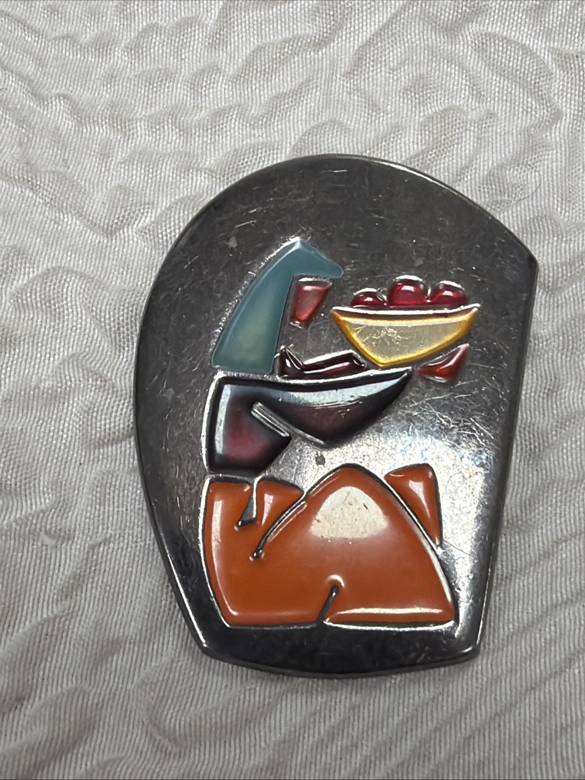 Vintage 925 Sterling Israel Colorful Enamel Girl with Wheat 2” Brooch/Pendant