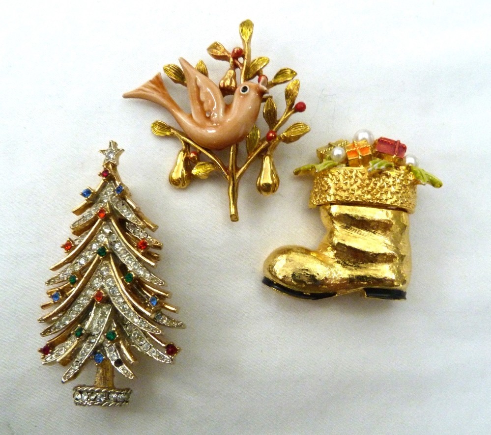 LOT OF 3 VTG SIGNED ART CHRISTMAS TREE | SANTA BOOT | PARTRIDGE PEAR TREE PINS