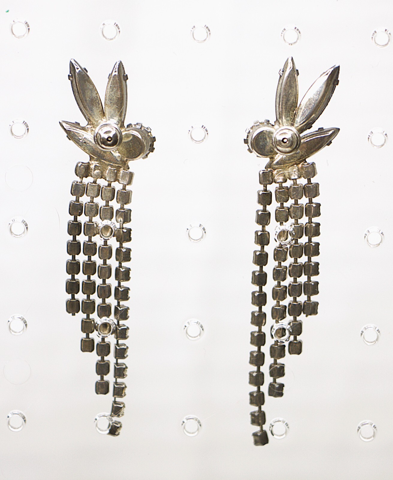 Vntg Art Deco Drop Earrings Blue Clear Rhinestones Dangle Pierced Glam Statement