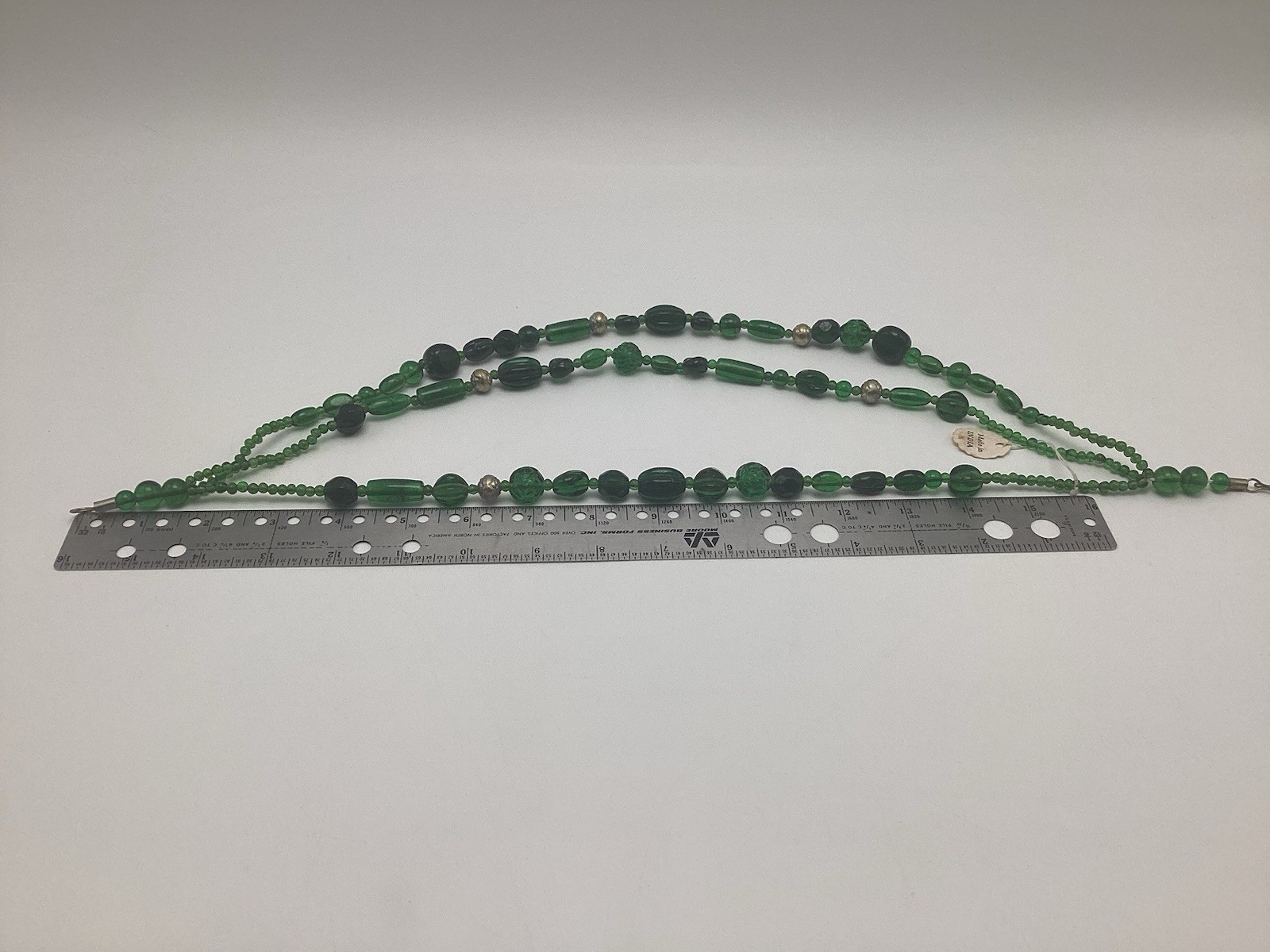 Vintage Emerald Green Glass Beaded Multi 3 Strand Necklace Made In India 19”