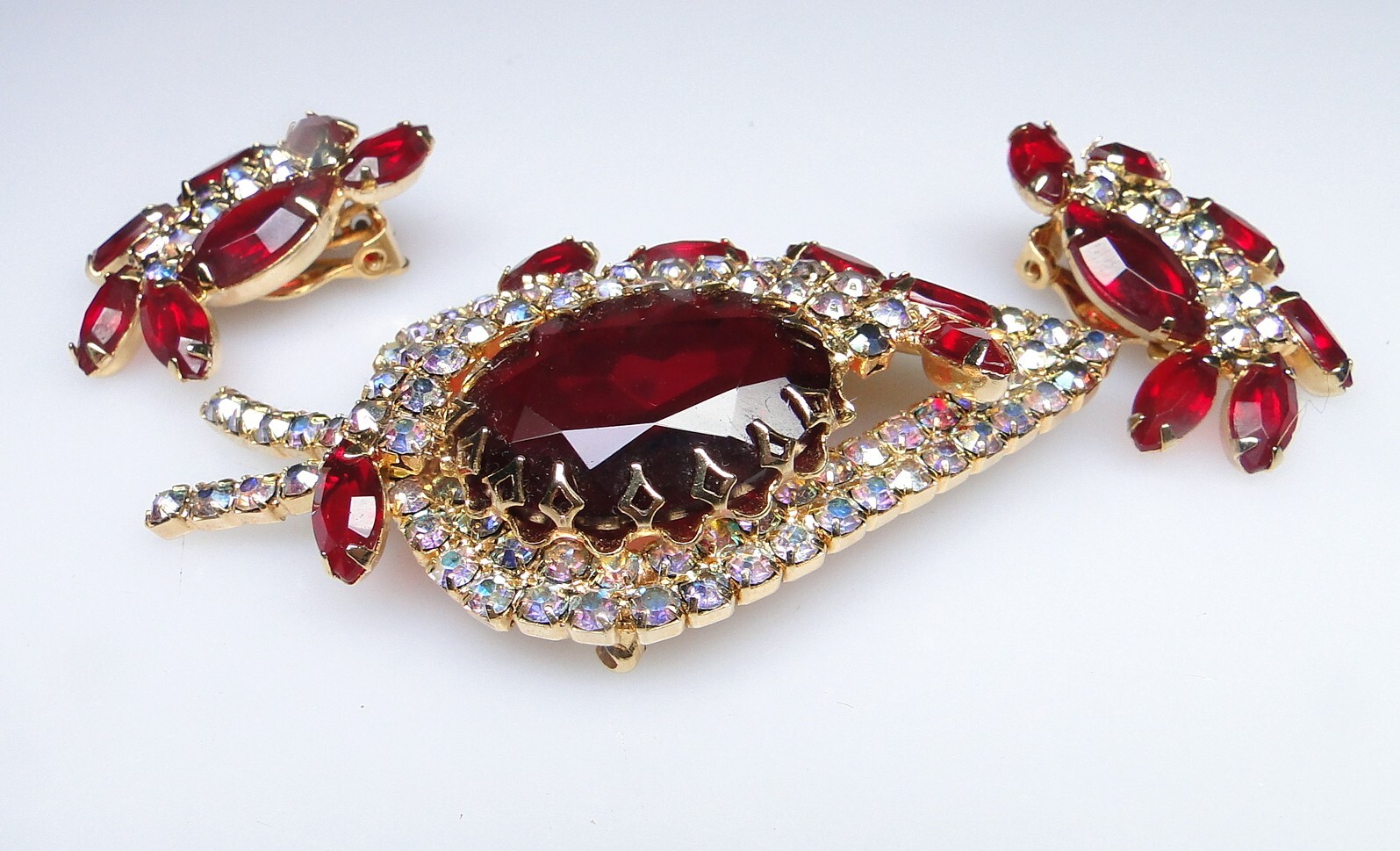 Juliana Red Marquis Aurora Borealis Rhinestone Parure Pin Earrings Set