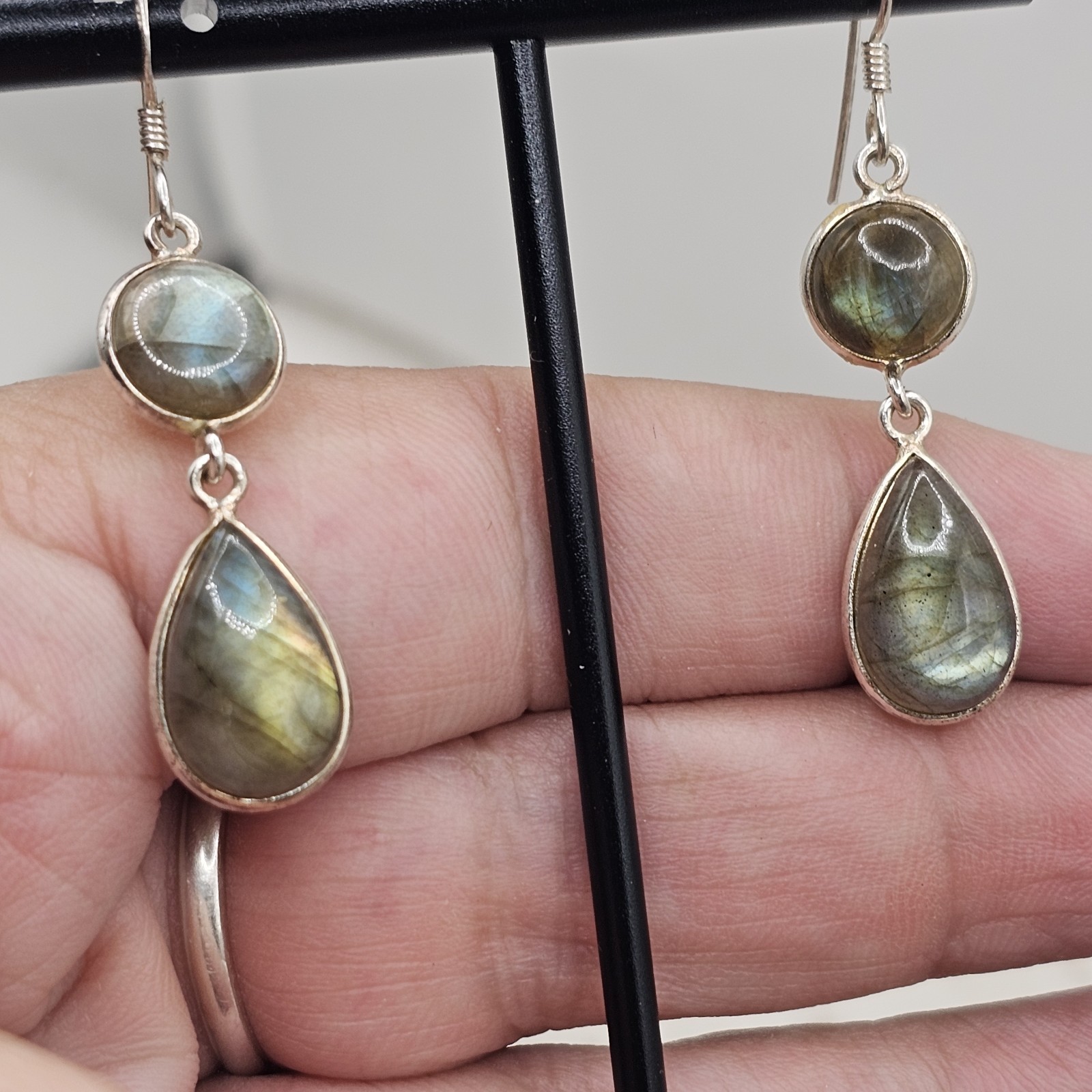 Vintage Labradorite Sterling Silver Dangle Earrings Blue Flash Teardrop Boho 925