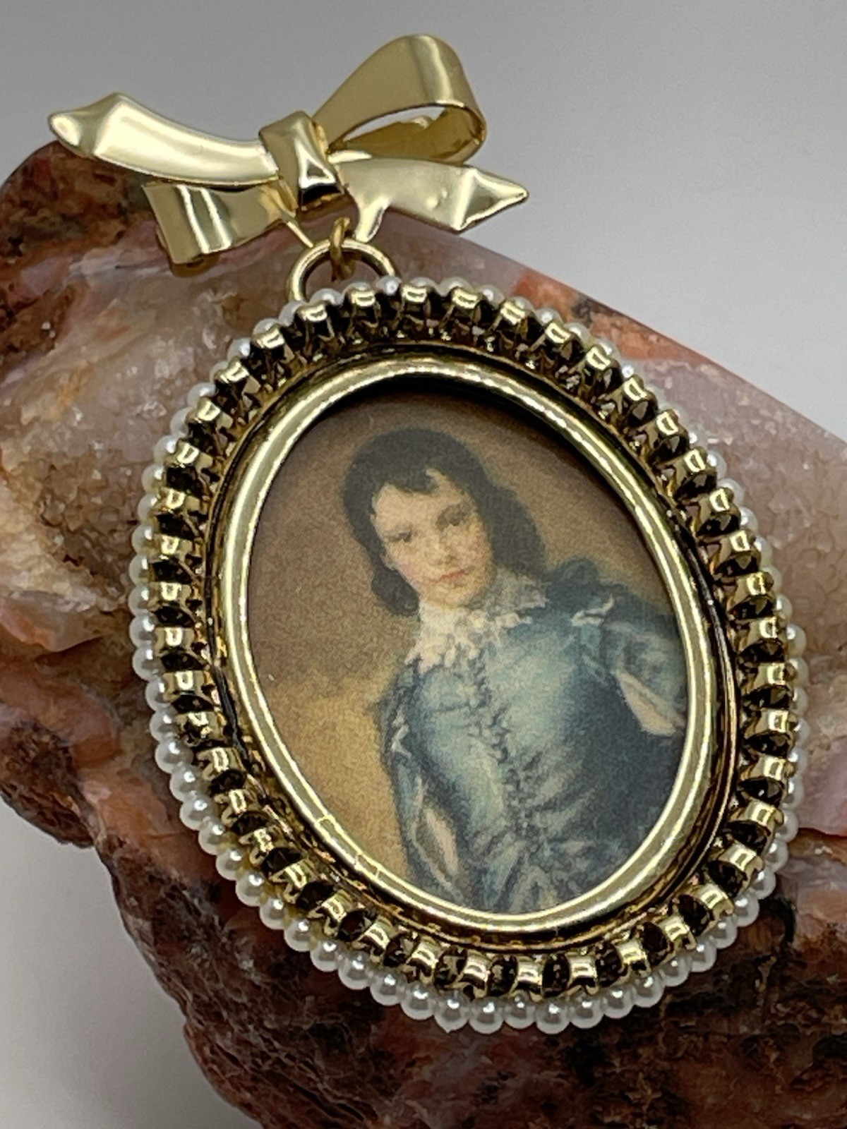 2.75” Vintage Blue Boy Portrait Brooch Pin Pearl Beaded Frame Hangs From Bow