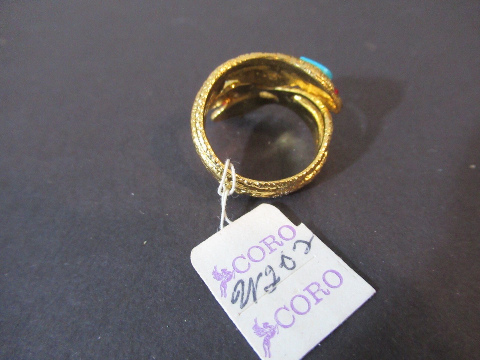Coro Brushed Gold Tone Snake Ring Blue Stone Red Rhinestone Eyes NOS size 7.5