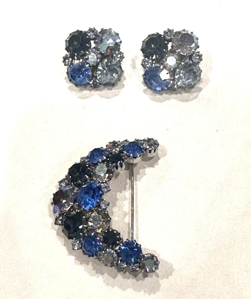 KARU ARKE BLUE RHINESTONES CRESCENT MOONBROOCH CLIP EARRINGS DEMI PARURE SET EUC