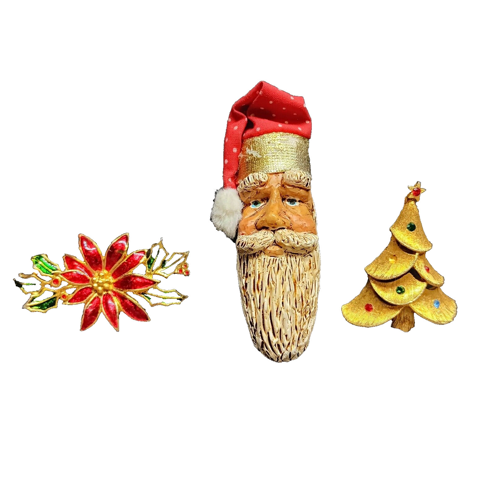 Lot of 3 Vtg Christmas Pins Unique Wood Santa Claus Brooch Gold Tree & Mistletoe
