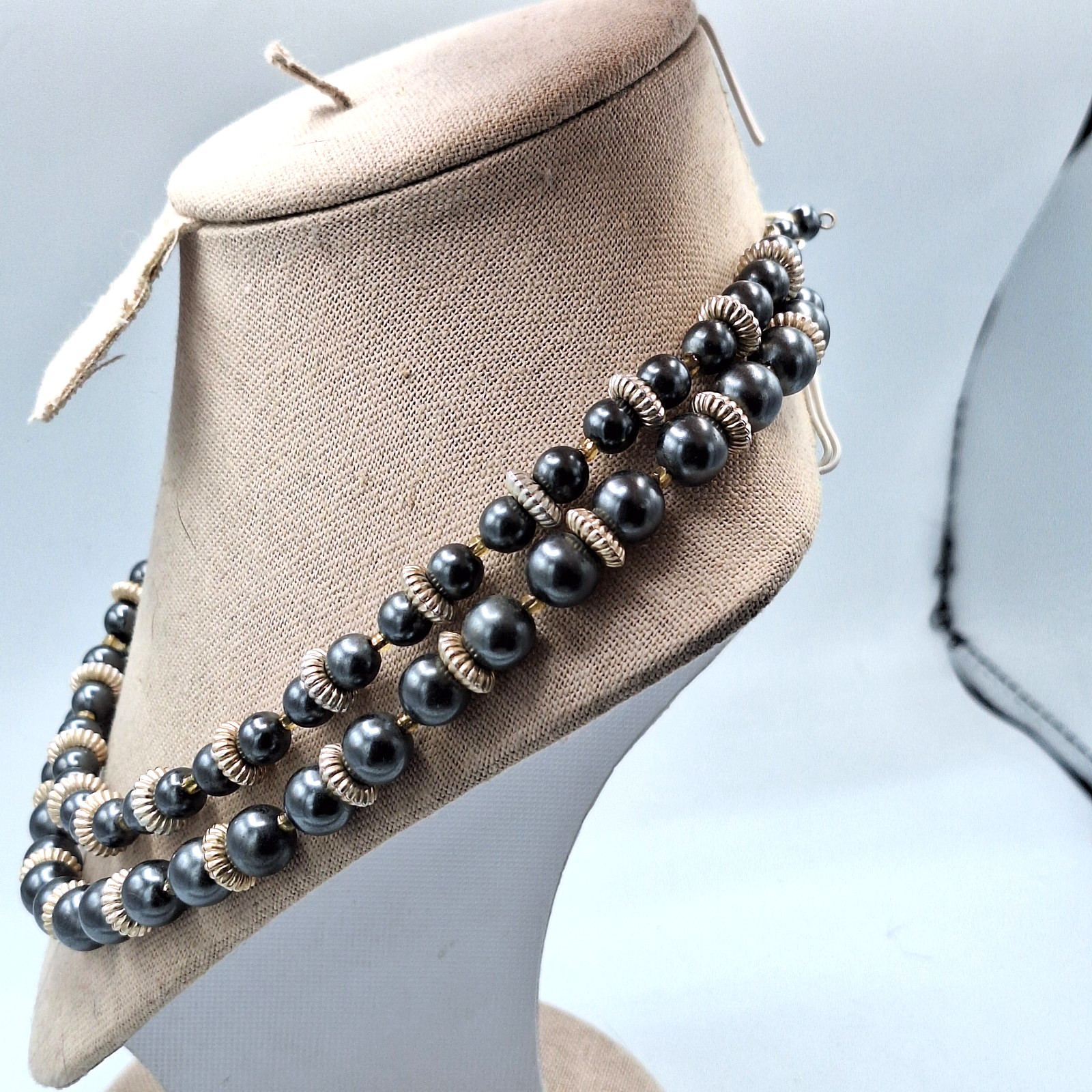 Hong Kong Double Stranded Gray Plastic Bead Silver Tone Choker Necklace 18″