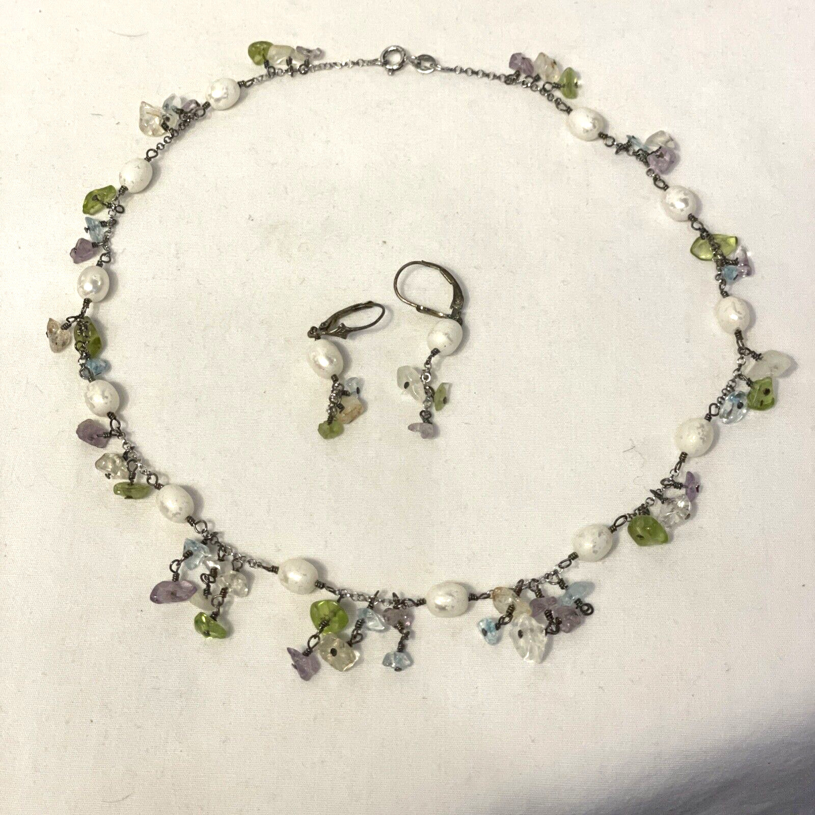 Elegant Multicolored Natural Gemstone Faux Pearl 16″ Choker Matching Earring 925