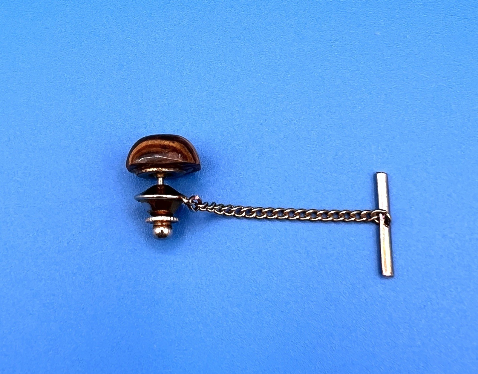 Tiger’s Eye Tie Chain Tie Tack w/ Chain & T-Bar Back Silver 2in Men’s