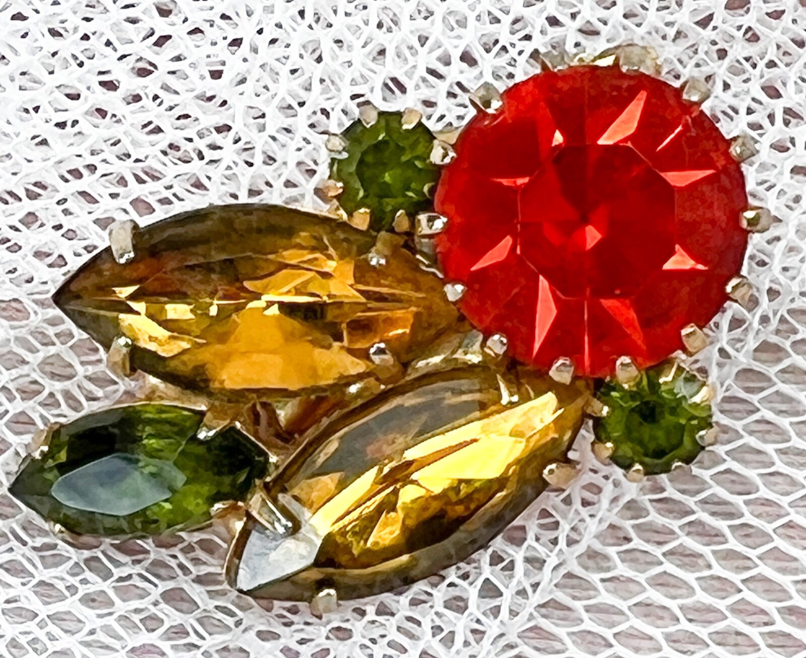 Vtg Clip-On Earrings 1-1/4″ Orange/Topaz/Green Rhinestone/Glass Gold-Tone