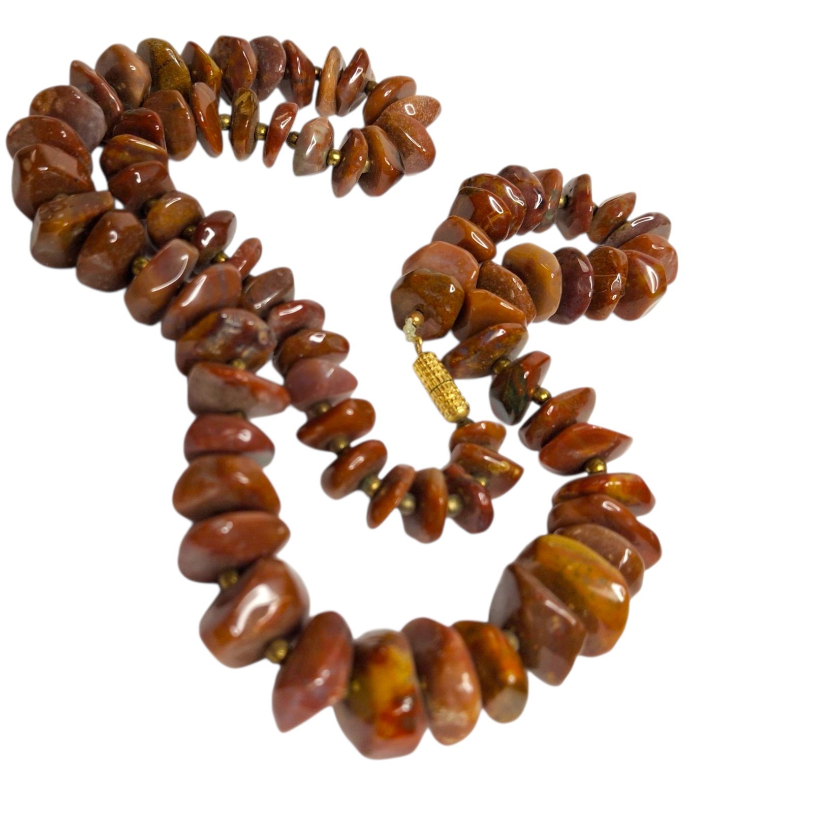 Vintage Polished Agate Stone Necklace Chunky Nuggets Brown Brass spacers 70s