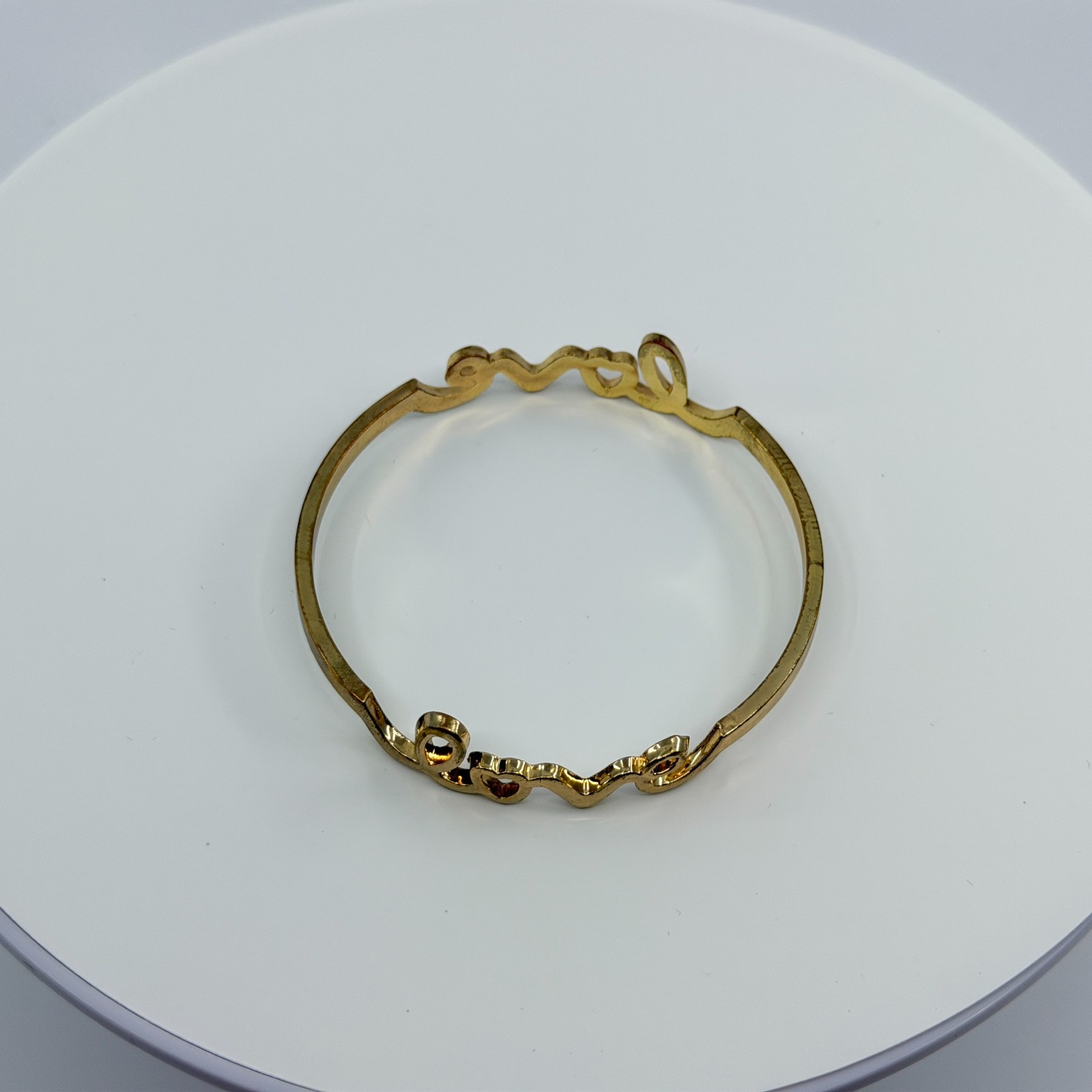 Gold Tone Love Script Bangle Bracelet Heart Detail Word Art Minimalist Stackable