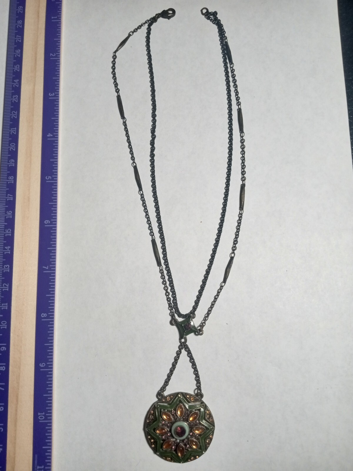 Vintage N A Green Enamel With Glass Accents Pendant Necklace