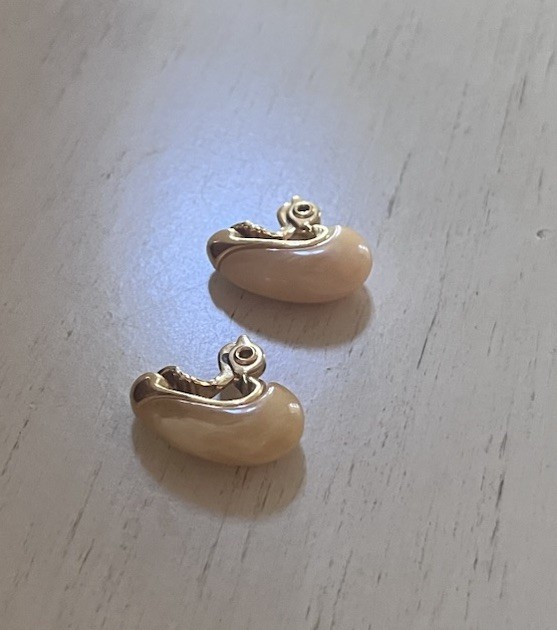 Vintage Monet Signed Cream Yellow Gold Acetate Drop Curved Clip On Earrings