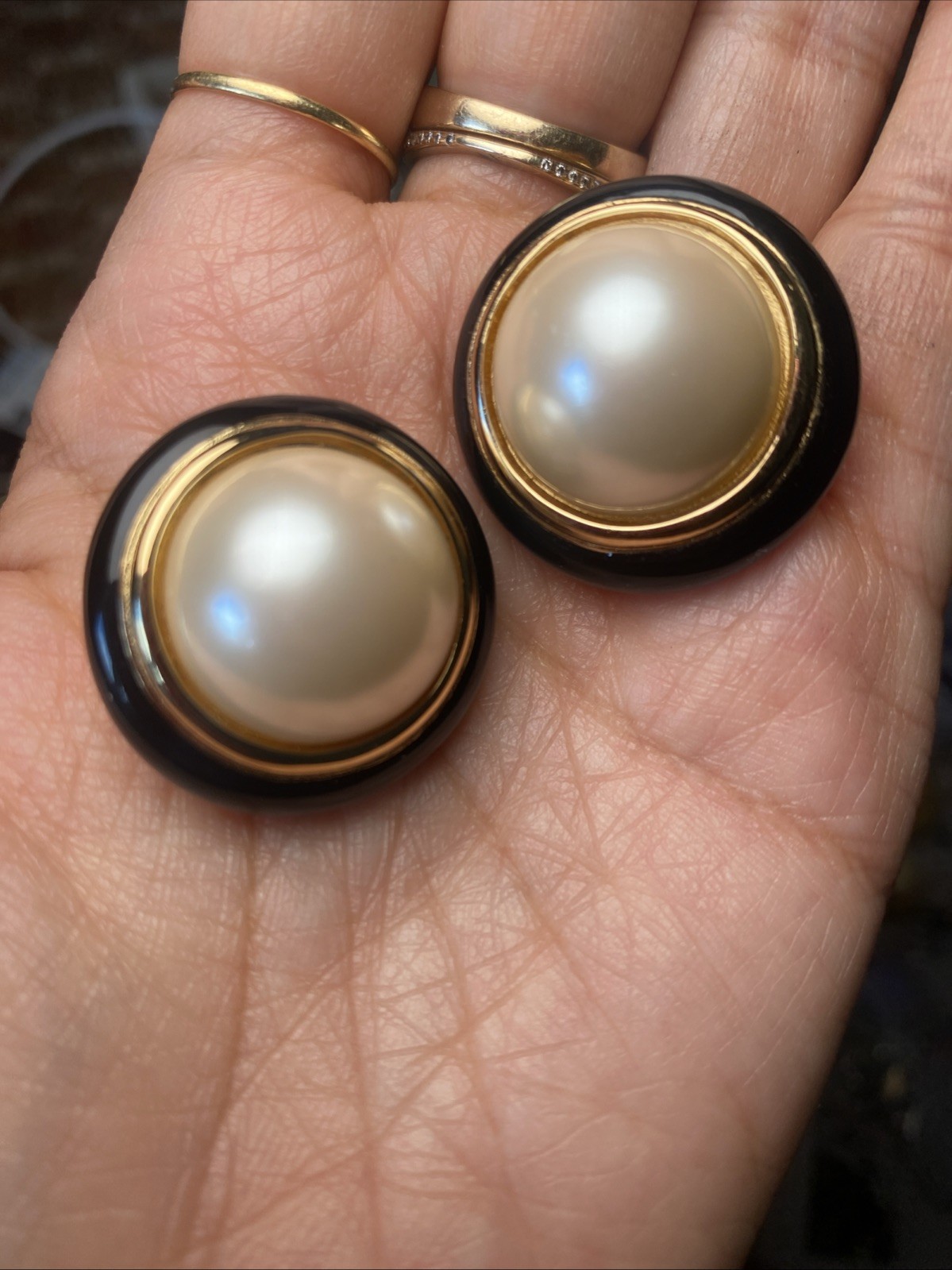 Vintage Christian Dior Large Round Pearl Black Enamel Edge Gold Clip-On Earrings