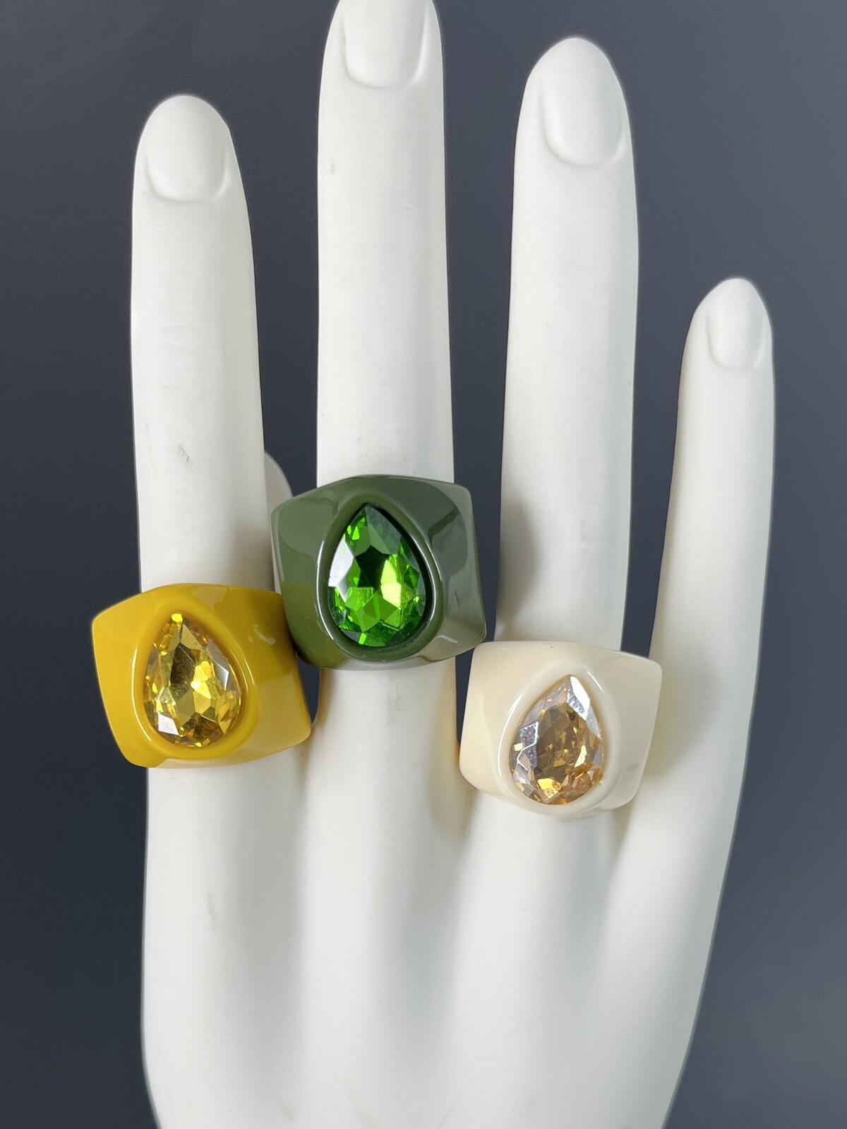 Retro Lucite Rhinestone Rings Set Green Yellow Cream Size 7 – 7.5 Chunky Boho