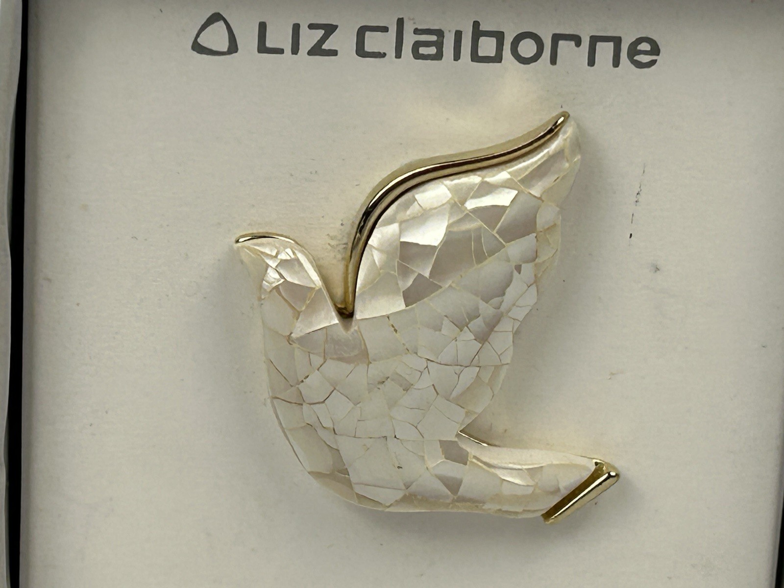 Liz Claiborne Dove Brooch Pin White Mosaic Gold Tone Peace Bird Gift