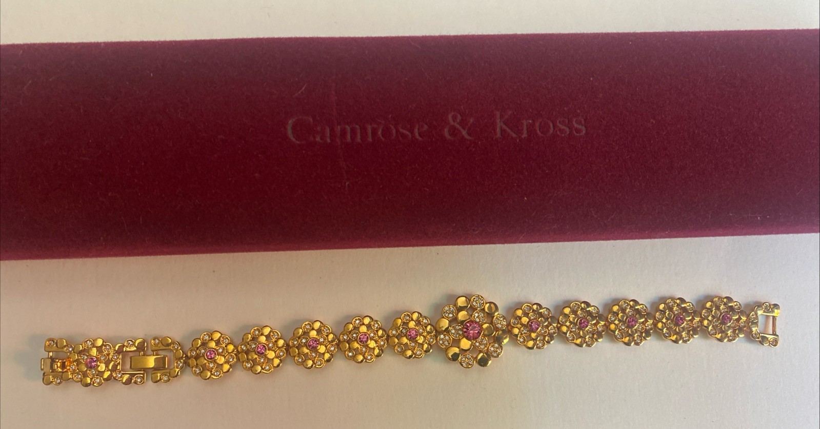 Camrose & Kross Jackie Kennedy Vintage Pink Gem Gold Tone Flower Link Bracelet