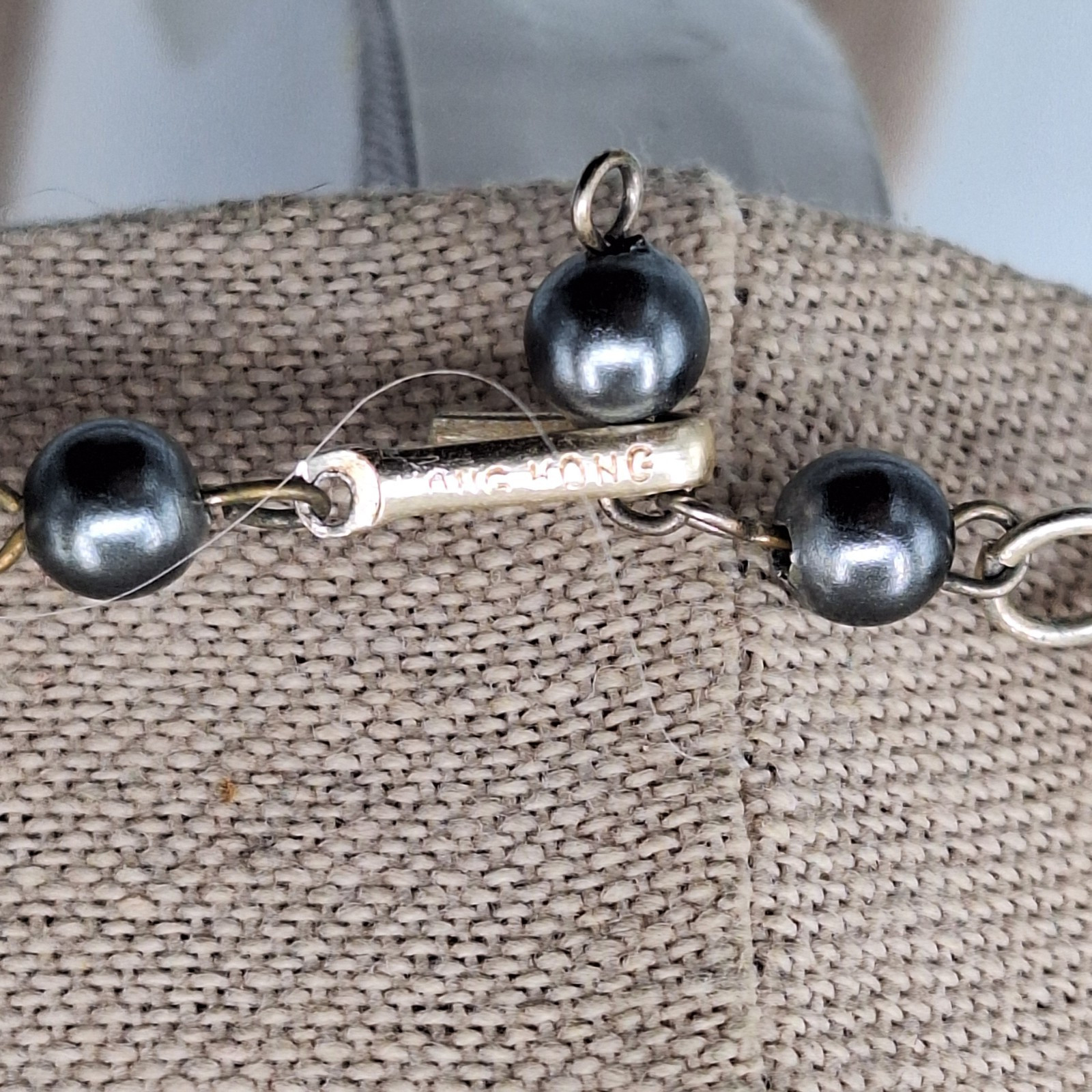 Hong Kong Double Stranded Gray Plastic Bead Silver Tone Choker Necklace 18″