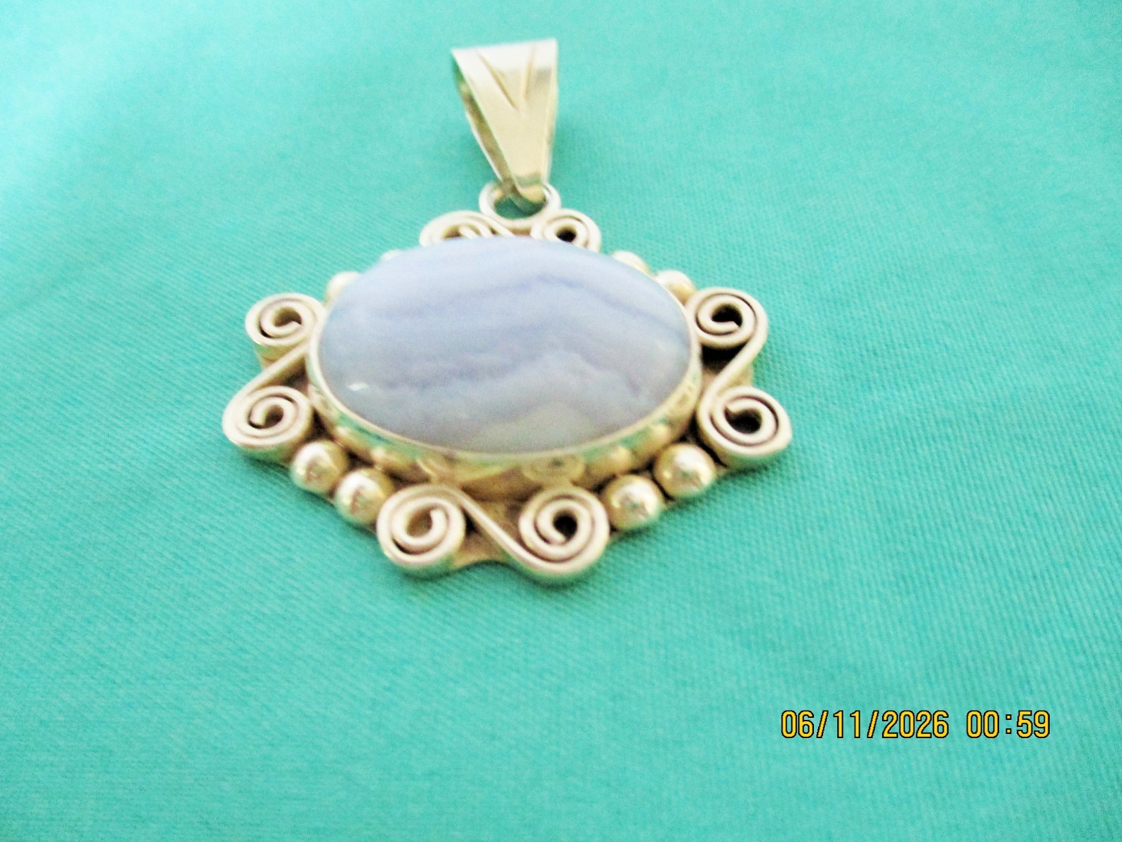 MEXICO 925 Sterling Silver Vintage Cabochon Blue Lace Agate Swirl Pendant