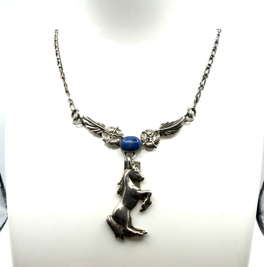 Vintage Sterling Silver Horse Pendant Necklace with Lapis Stone Mexico Made