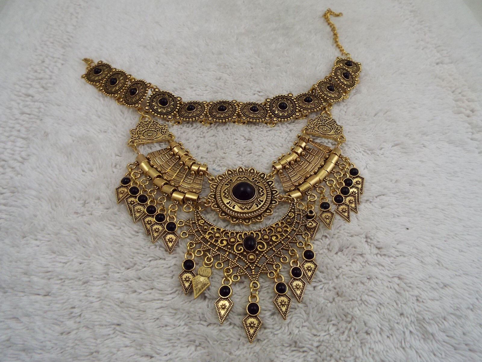 Goldtone Egyptian Revival Black Bead Fringe Choker Necklace (C46)