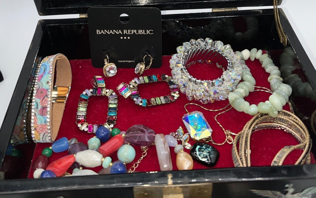Estate Sale Lot Grandma’s Pearl Inlay Jewelry Box Filled with Vintage & Current