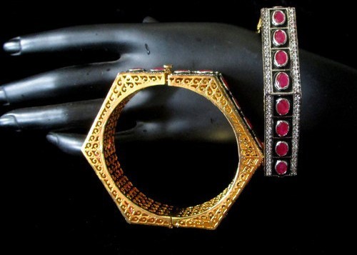 Natural Diamond Rosecut Diamond Ruby 925 Sterling Silver Bangle Jewelry