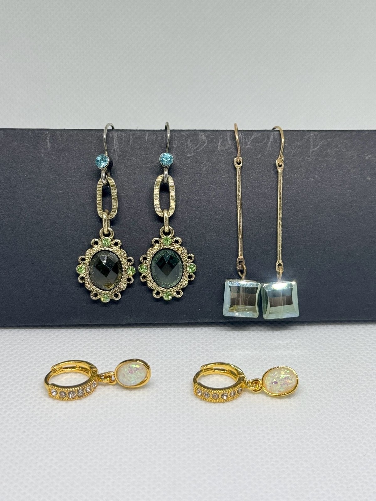 Mixed Earrings Lot: Ornate Dangles, Square Drops, & Gold-Tone Opal Huggies