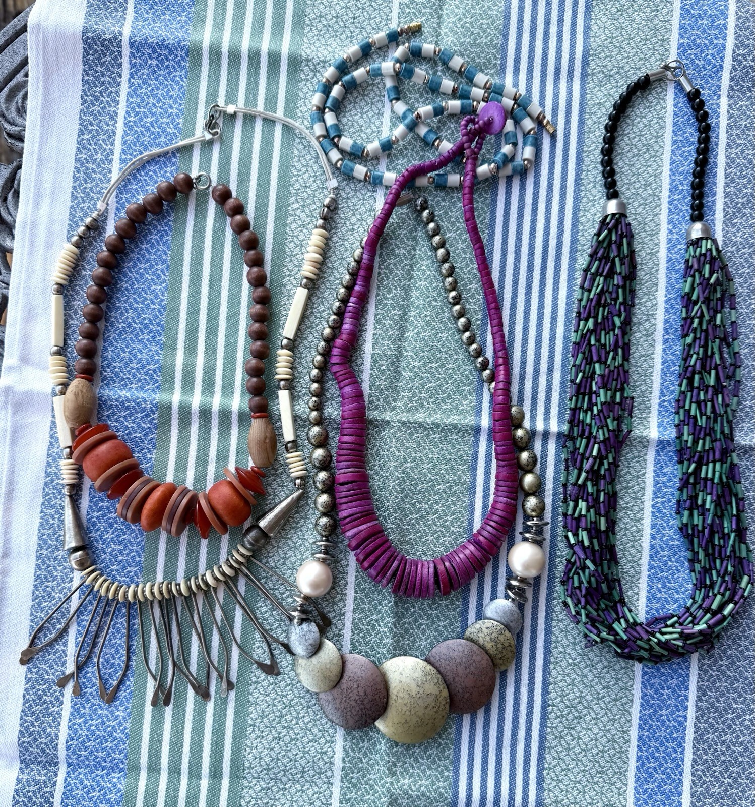 Boho 1980’s Bone Wood Onyx Stone Metal Lot Of 6 Necklaces Great Variety