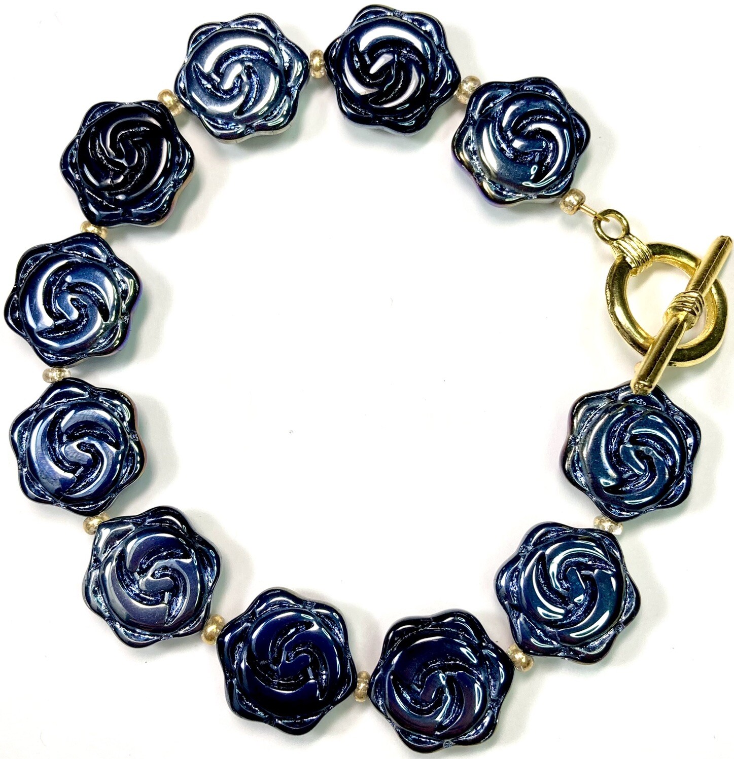 Artisan Toggle Bracelet Molded Glass Flower Black Iridescent Oil Slick AB 8.5 in