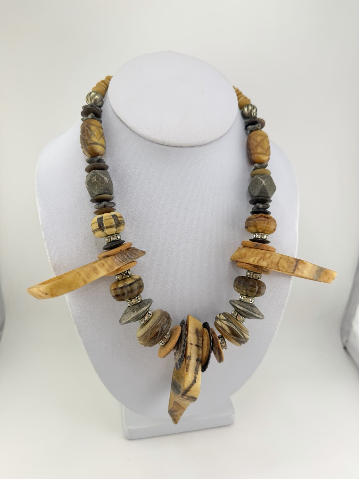 Vintage Tribal Rhinestone Necklace Carved Natural Stone Statement huge 18”