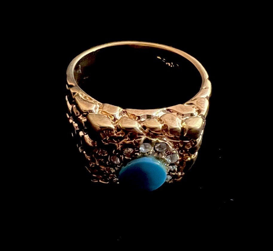 18K HGE Nugget Ring W/Oval Turquoise Stone Surrounded By Crystals -3 Sizes Avail