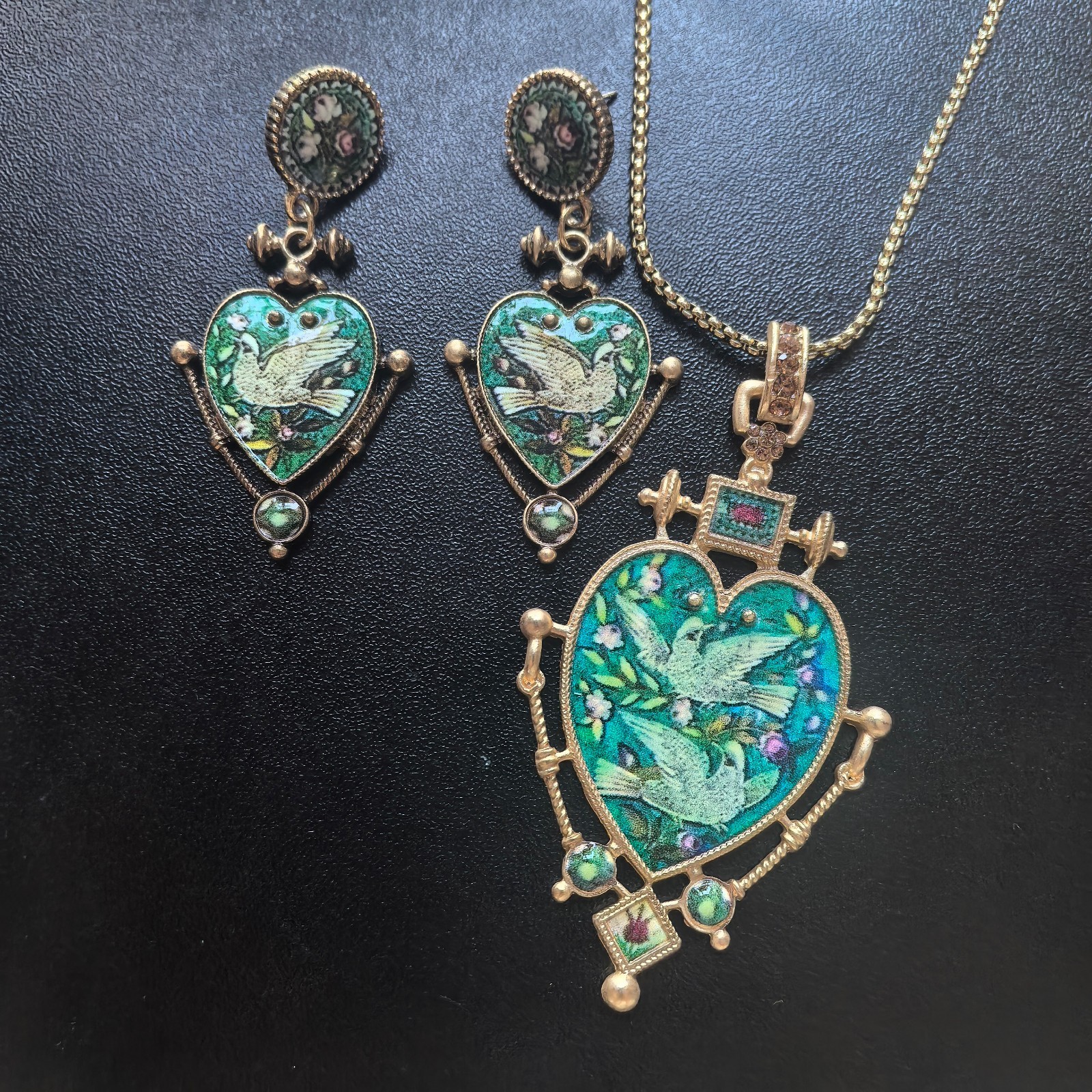 Vintage Heart Bird Jewelry Set Necklace Earrings Gold Victorian Gift Women