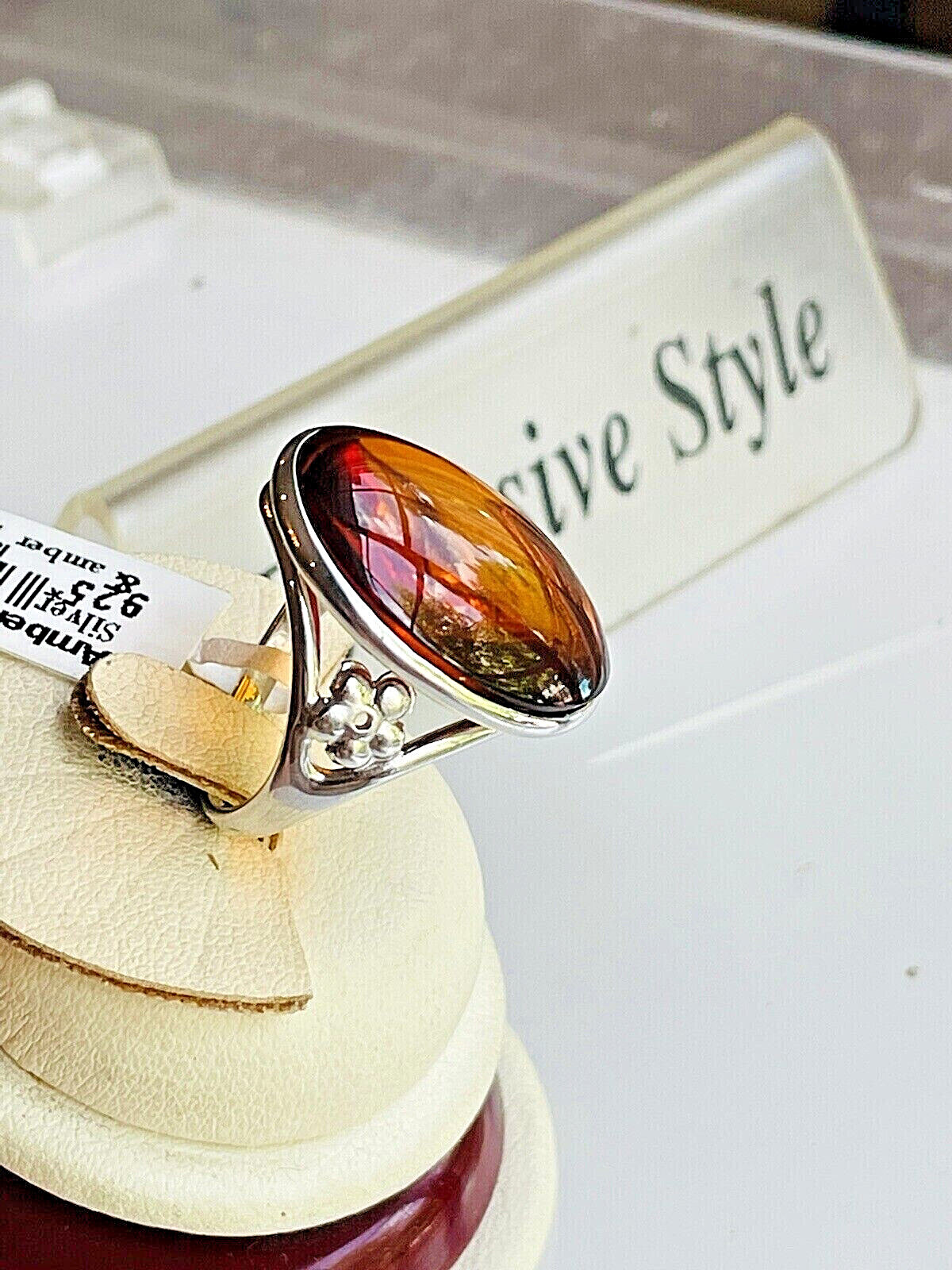 Genuine Baltic Amber Cherry Cognac Color Ring Size 7,5 Egg Yolk Butterscotch
