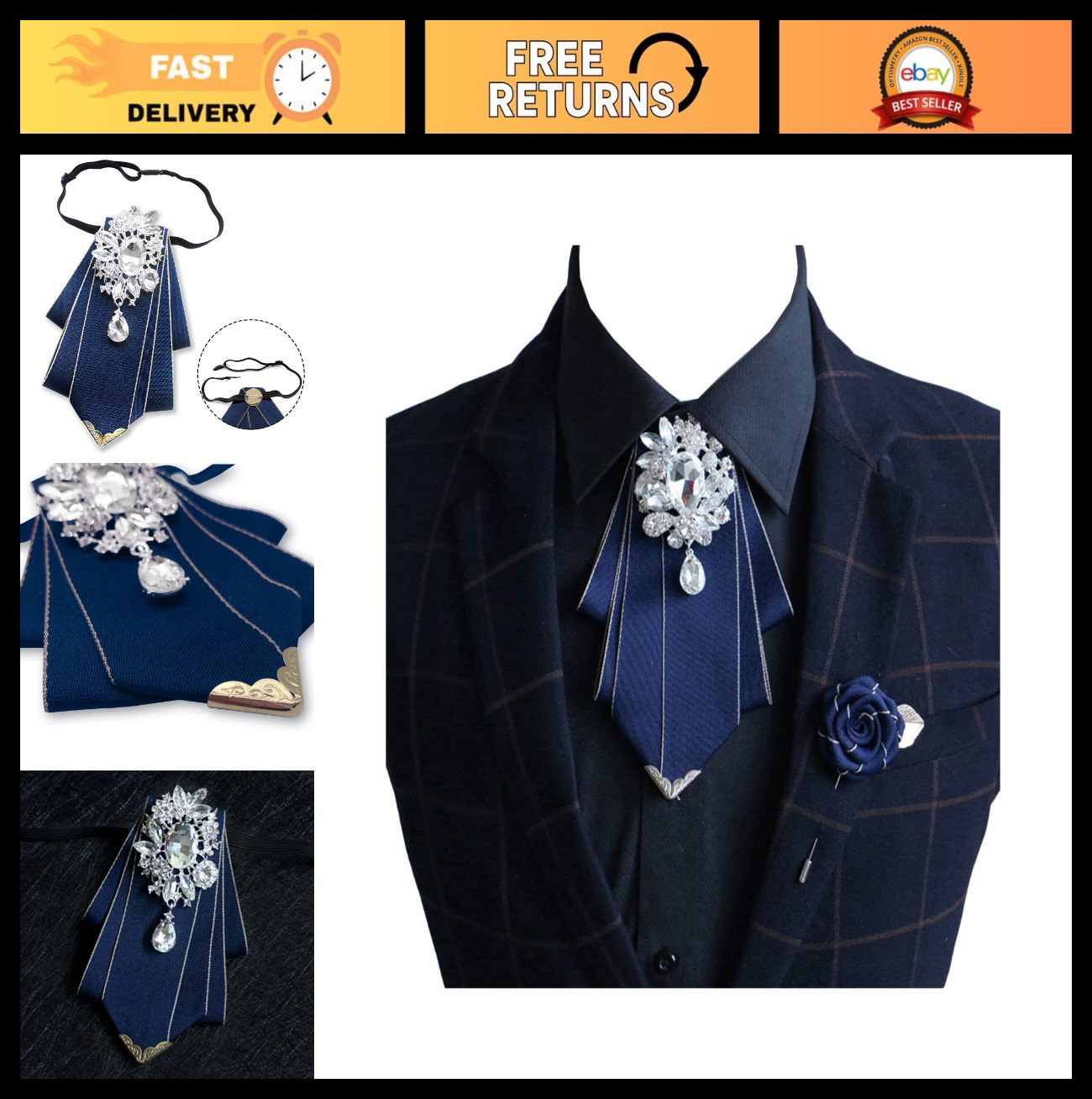 Vintage Silk Pretied Bow Tie Brooch Set for Men – Crystal Accents, Formal Wear