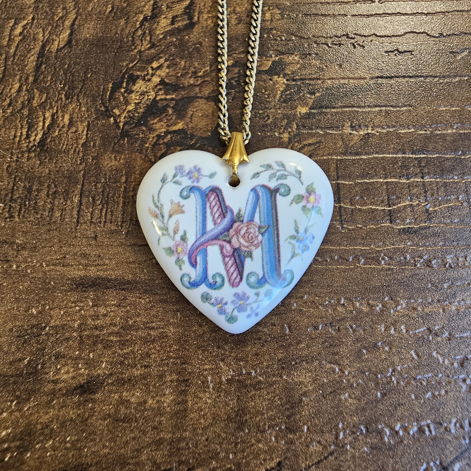 Vintage Ceramic Porcelain Heart Pendant Necklace Floral Letter Initial M Cottage
