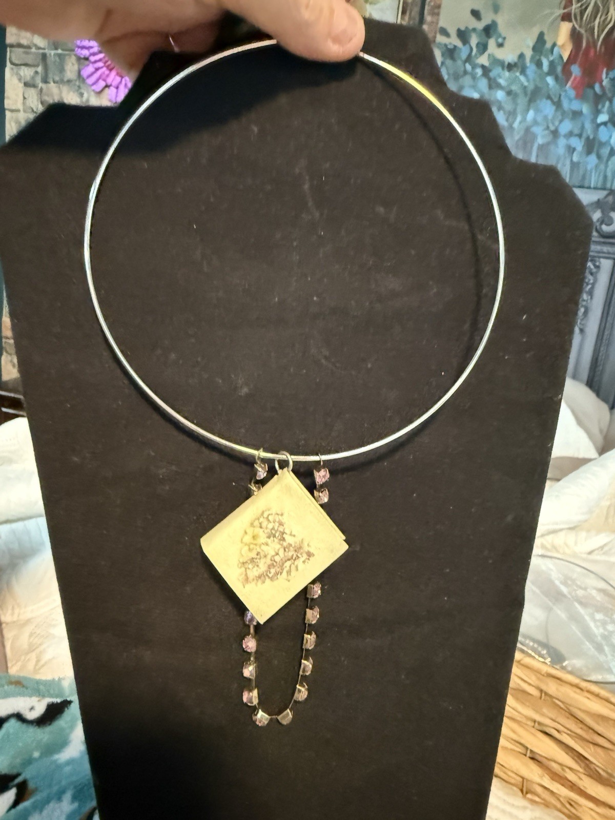 Statement Pendant Necklace with Wire Chain, Book Rectangle, Silver Cream Purple