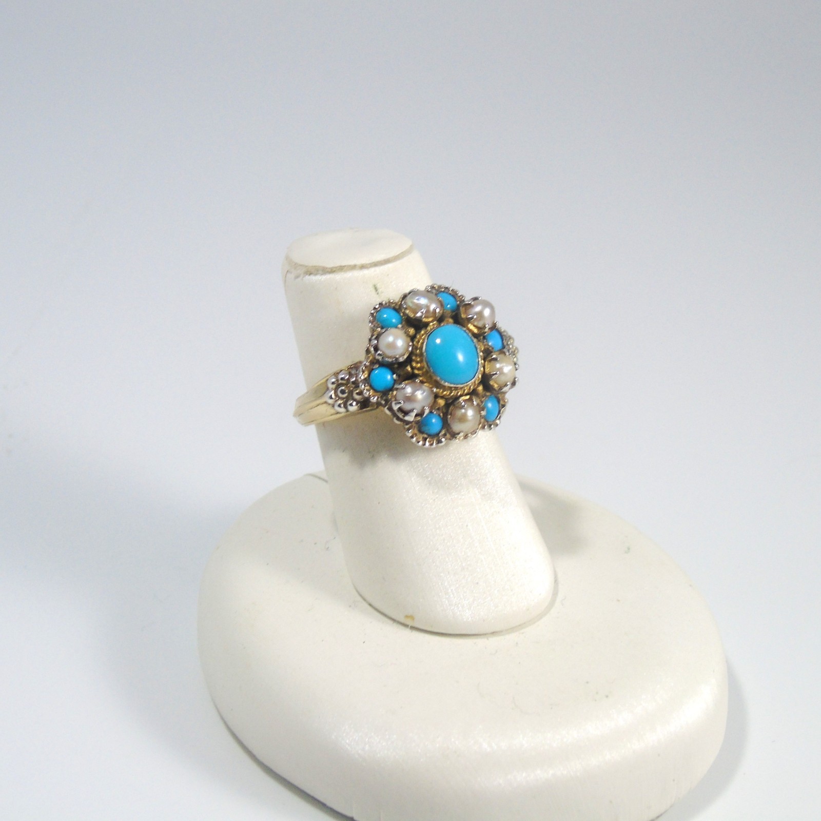 Antique Victorian 14k Gold Ring w Persian Turquoise and Seed Pearls size 6.75
