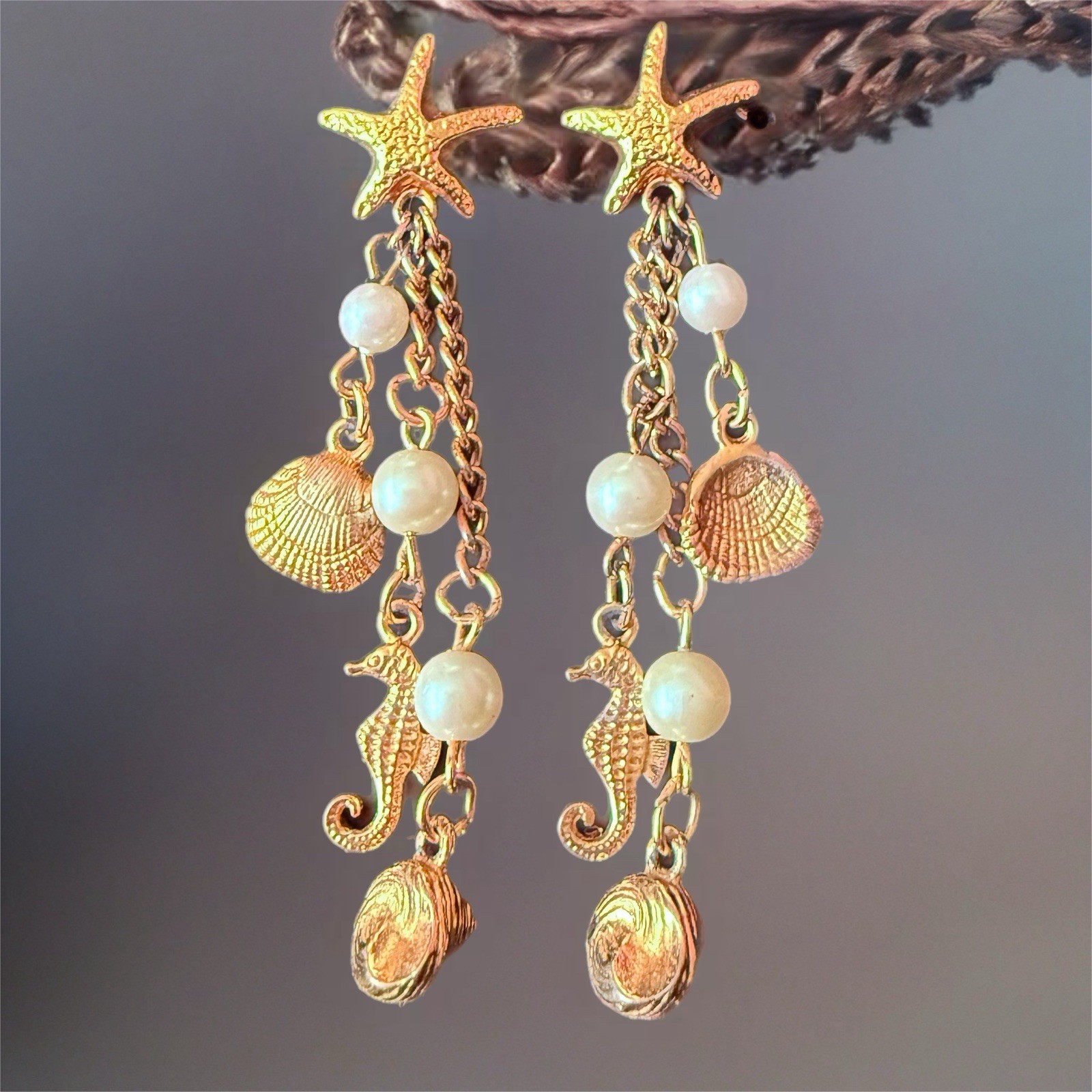 Starfish Earrings Seahorse Shell Dangle Vintage Gold Tone Faux Pearl Pierced