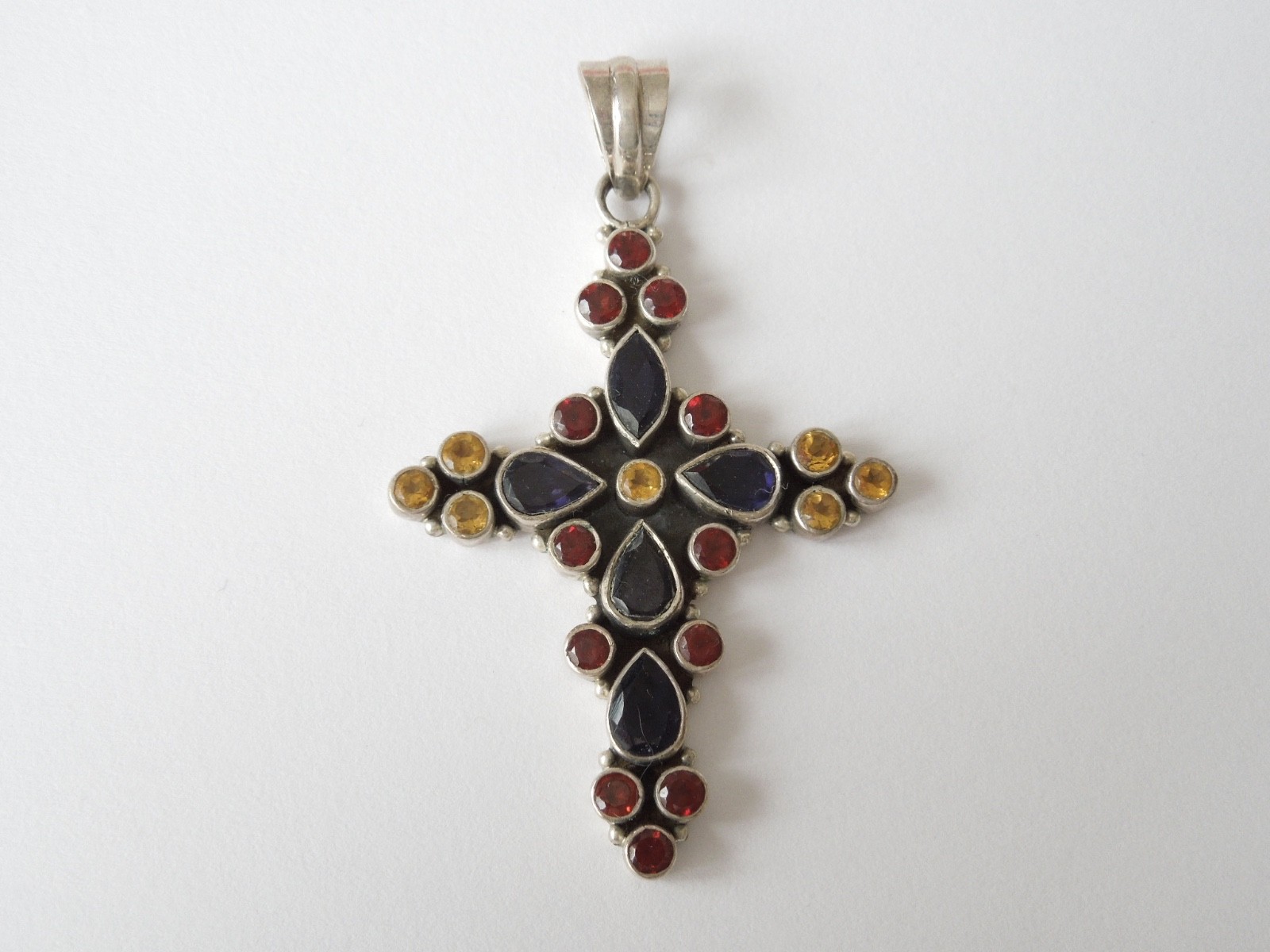 925 Silver cross Pendant Colorful Rhinestones Vintage 0.3oz/2 5/16×1 3/8in