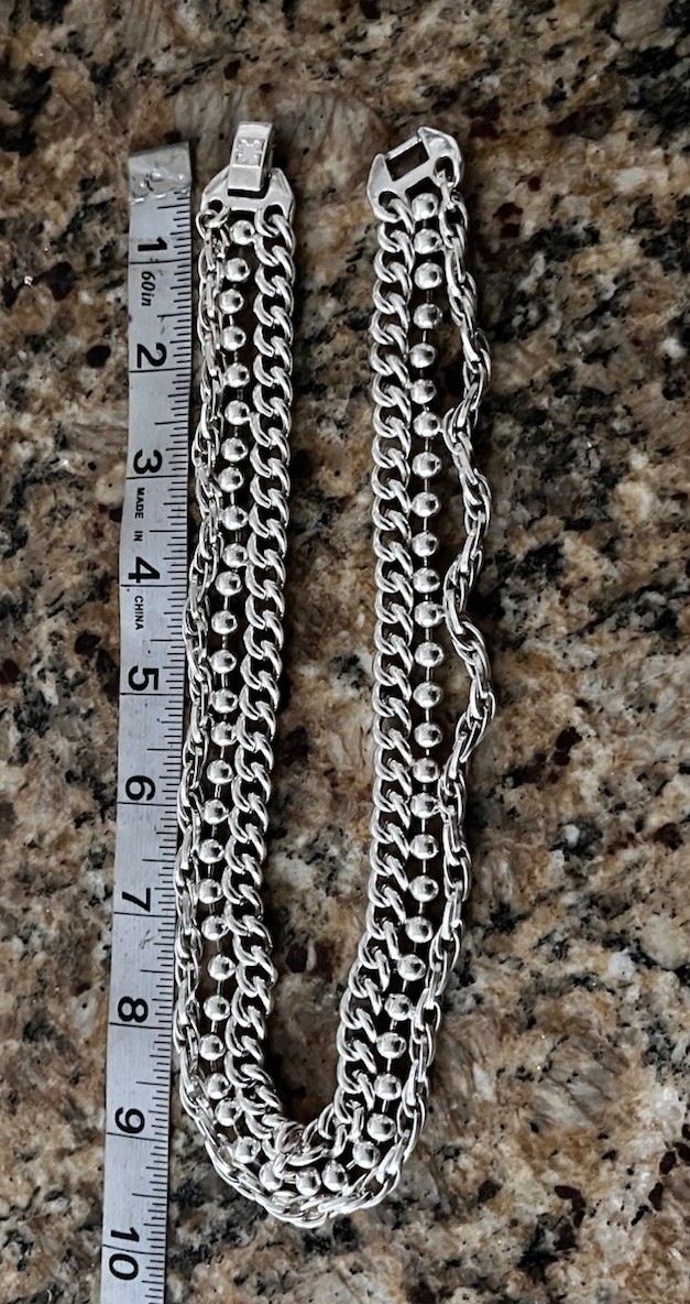 High Quality Heavy Signed Silver Tone Mixed Link Chain Layered Necklace